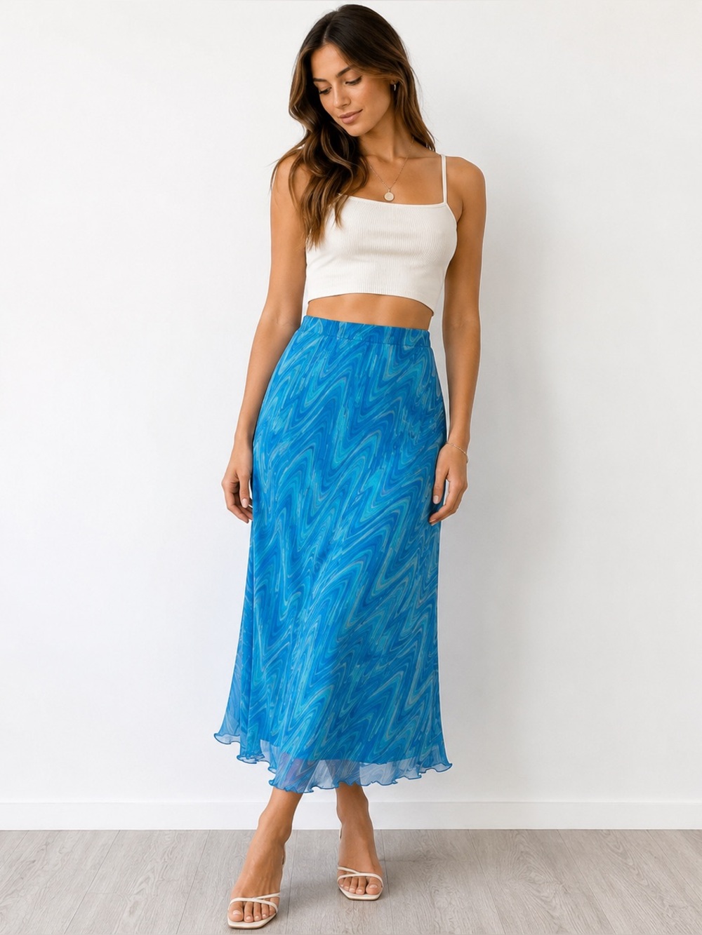 Vintage Y2K Blue Swirl Mesh Slip Skirt Small Mermaidcore MIDI